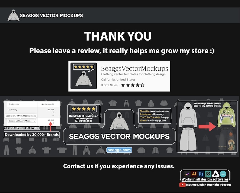 May include: Black graphic with the text "THANK YOU" and "Please leave a review, it really helps me grow my store :)". The image also includes the text "Seaggs Vector Mockups" and a screenshot of a Shopify store.