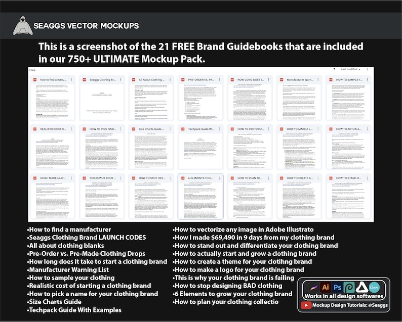May include: Screenshot of 21 free brand guidebooks from the 750+ Ultimate Mockup Pack. Topics include finding manufacturers, clothing brand codes, pre-order vs. pre-made clothing drops, and more. Includes Adobe Illustrator and design software icons.