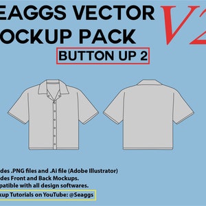May include: A mockup template for a button-up shirt with short sleeves. The shirt is light gray and has a collared neckline. The template is for use in design software. The text "SEAGGS VECTOR MOCKUP PACK BUTTON UP 2 V2" is at the top of the image.