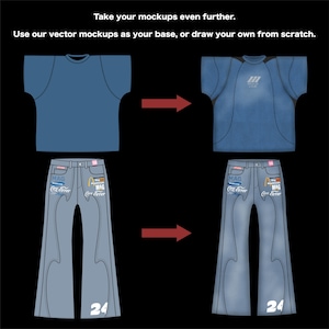 May include: A graphic showing a blue t-shirt and jeans mockup transforming into a detailed design. The jeans have the number 24 and the text "MAG Coca Errer". The text at the top says "Take your mockups even further."