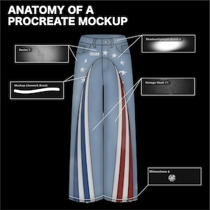May include: Anatomy of a Procreate mockup of blue jeans with red, white, and blue stripes down the sides. The jeans have white star accents and the text "9MM". The image also shows brush and texture details.