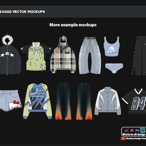 May include: A collection of digital apparel mockups including a black hooded jacket, a green patterned polo, a plaid hoodie, light blue jeans, a camisole and underwear set, black pants, denim shorts with a cat graphic, a graphic sweatshirt, flared pants, a light blue jacket, and a black jersey with the number 84.