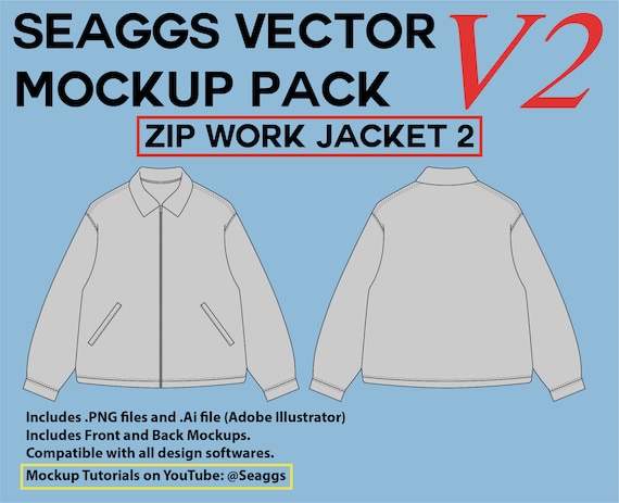 Streetwear Clothing Vector Mockup Zip Work Jacket Clothing Brand Fashion  Design Tool for Adobe Illustrator Adobe Photoshop Procreate