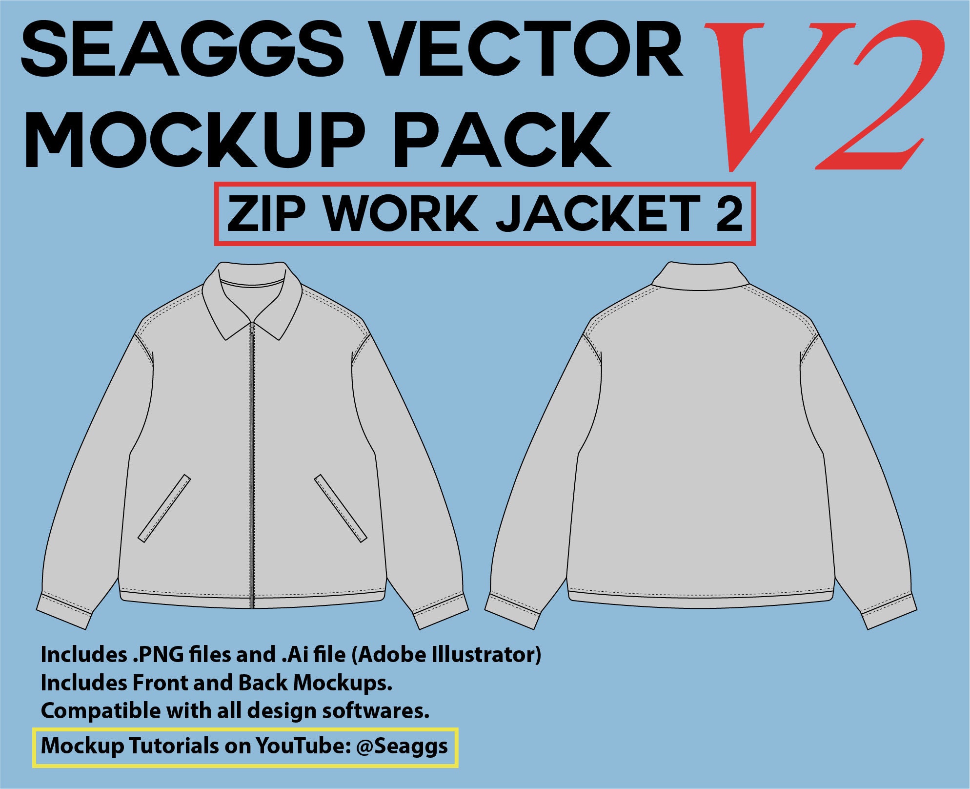 Streetwear Clothing Vector Mockup Zip Work Jacket Clothing Brand Fashion  Design Tool for Adobe Illustrator Adobe Photoshop Procreate