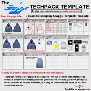 May include: A techpack template for clothing manufacturers. The template includes a variety of forms and instructions for creating a hoodie, including measurements, fabric specifications, and color swatches. The template also includes a section for packaging and branding.