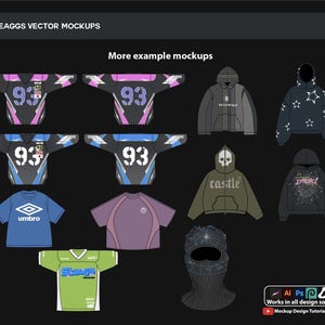 Pode incluir: Uma cole&ccedil;&atilde;o de maquetes vetoriais para designs de roupas, incluindo hoodies, camisetas e jerseys. As maquettes apresentam v&aacute;rios designs, incluindo uma caveira e ossos cruzados, um castelo e um gr&aacute;fico de uma criatura. As maquettes est&atilde;o em preto, branco, cinza, azul, verde e rosa.