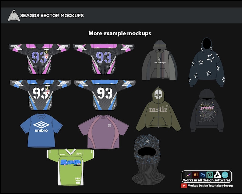 Pode incluir: Uma cole&ccedil;&atilde;o de maquetes vetoriais para designs de roupas, incluindo hoodies, camisetas e jerseys. As maquettes apresentam v&aacute;rios designs, incluindo uma caveira e ossos cruzados, um castelo e um gr&aacute;fico de uma criatura. As maquettes est&atilde;o em preto, branco, cinza, azul, verde e rosa.