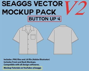 May include: A mockup of a button-up shirt with short sleeves. The shirt is light gray and has a pocket on the left side. The text "SEAGGS VECTOR MOCKUP PACK BUTTON UP 4 V2" is at the top of the image.