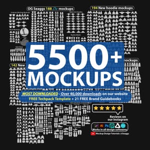 May include: A digital graphic display featuring 5500+ MOCKUPS in large blue text, surrounded by numerous white line-art icons of apparel and footwear. The image includes text detailing over 40,000 downloads, free templates, and software compatibility.