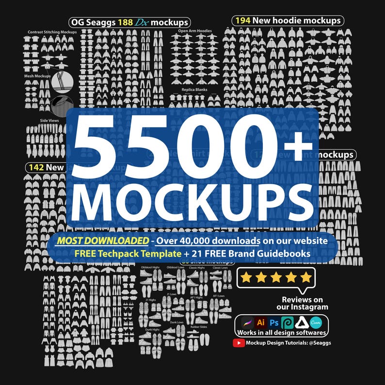 May include: A digital graphic display featuring 5500+ MOCKUPS in large blue text, surrounded by numerous white line-art icons of apparel and footwear. The image includes text detailing over 40,000 downloads, free templates, and software compatibility.