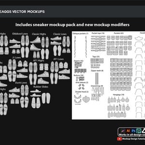 May include: A digital vector mockup pack titled SEAGGS VECTOR MOCKUPS, featuring various sneaker silhouettes, including high and low tops, slides, and numerous clothing components like pockets, zippers, buttons, drawstrings, and hangtags.