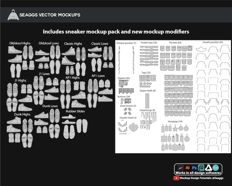 May include: A digital vector mockup pack titled SEAGGS VECTOR MOCKUPS, featuring various sneaker silhouettes, including high and low tops, slides, and numerous clothing components like pockets, zippers, buttons, drawstrings, and hangtags.