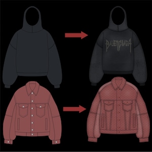 May include: Illustration of a black hoodie and a red jacket. The hoodie has the word "BALENCIAGA" printed on it. The red jacket has two chest pockets and two side pockets.