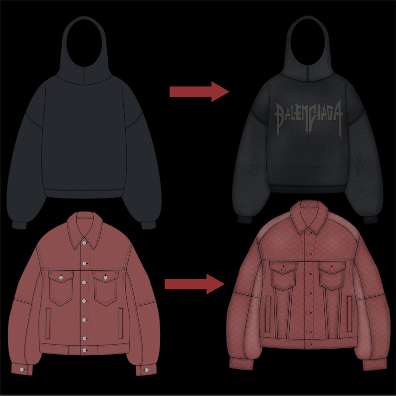 May include: Illustration of a black hoodie and a red jacket. The hoodie has the word "BALENCIAGA" printed on it. The red jacket has two chest pockets and two side pockets.