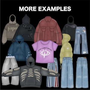 May include: A collection of various clothing items, including hoodies, jackets, t-shirts, and jeans, displayed against a black background. The t-shirt features the text "EYE CAN'T DRIVE". The jeans have the number "24" on them.