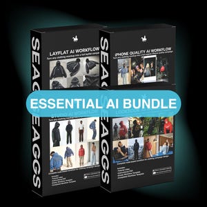 May include: A digital product bundle titled ESSENTIAL AI BUNDLE featuring four black boxes labeled SEAGGS. Each box displays workflow titles like LAYFLAT AI WORKFLOW, IPHONE QUALITY AI WORKFLOW, STUDIO AI WORKFLOW, and LOOKBOOK AI WORKFLOW with imagery.