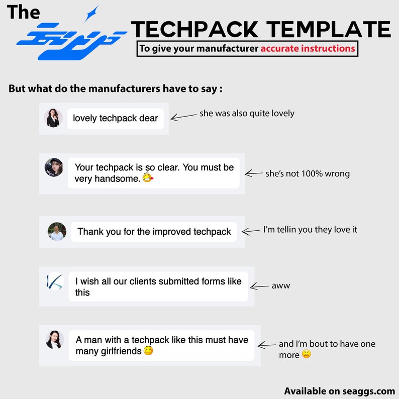 May include: A humorous image with text bubbles showing different reactions to a techpack template. The text reads "To give your manufacturer accurate instructions". The text bubbles include phrases like "lovely techpack dear", "Your techpack is so clear. You must be very handsome", "Thank you for the improved techpack", "I wish all our clients submitted forms like this", and "A man with a techpack like this must have many girlfriends".