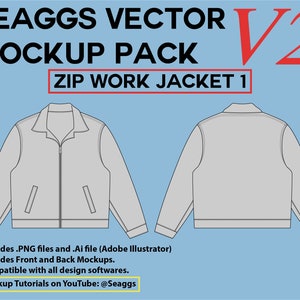 May include: A gray zip-up work jacket mockup, shown from the front and back. The mockup is for use in design software.  Includes .PNG files and .Ai file (Adobe Illustrator). Includes Front and Back Mockups. Compatible with all design softwares. Mockup Tutorials on YouTube: @Seaggs