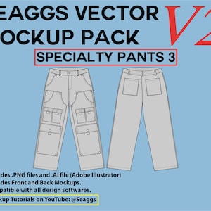 May include: A mockup of a pair of gray cargo pants with multiple pockets. The pants are shown from the front and back. The image includes the text "SEAGGS VECTOR MOCKUP PACK V2 SPECIALTY PANTS 3".