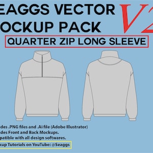 Può includere: Un modello di mockup per una maglietta a maniche lunghe con zip a un quarto. La maglietta è grigia e ha un collo alto e maniche lunghe. Il modello è compatibile con tutti i software di progettazione e include mockup anteriori e posteriori.
