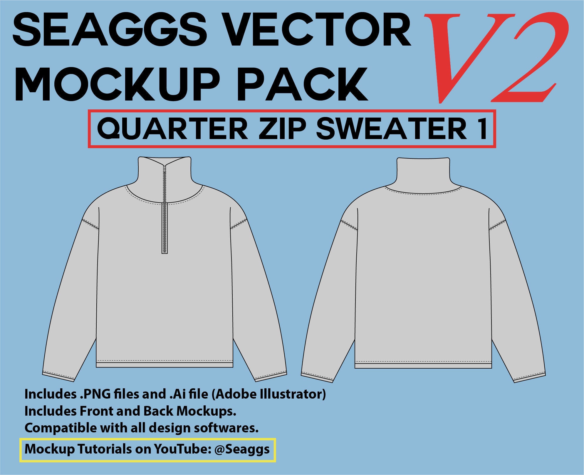Streetwear Clothing Vector Mockup Quarter Zip Sweater Clothing Brand  Fashion Design Tool for Adobe Illustrator Adobe Photoshop Procreate