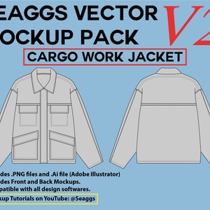 May include: A mockup template for a gray cargo work jacket. The template includes front and back views of the jacket. The text "SEAGGS VECTOR MOCKUP PACK V2 CARGO WORK JACKET" is at the top of the image. The text "Includes .PNG files and .Ai file (Adobe Illustrator) Includes Front and Back Mockups. Compatible with all design softwares. Mockup Tutorials on YouTube: @Seaggs" is at the bottom of the image.
