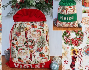 Vintage Santa, Santa Sack - Personalised Large Handmade Santa Sack with Frill, Two Different Styles, Many Prints Available