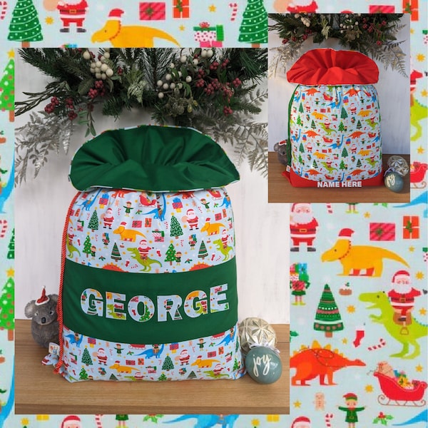 Dinosaur Christmas Santa Sack - Saco de Santa hecho a mano grande personalizado con volante, dos estilos diferentes, muchas impresiones disponibles