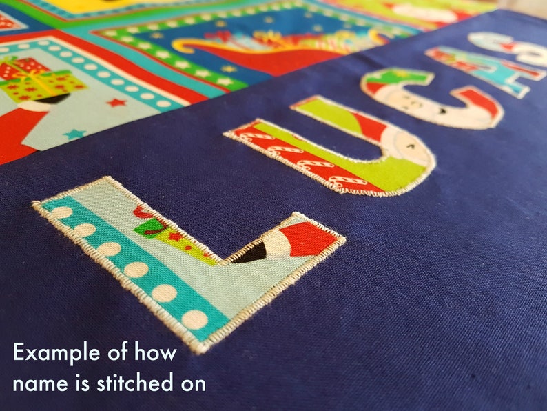 Personalised Large Boys Handmade Santa Sack with Frill Christmas Sweaters with Royal Blue FrillBase Designer Print BodyName