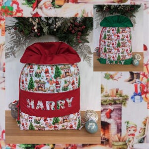 サンタのリスト - フリル付きの手作りサンタ袋（パーソナライズ可能）、2種類のスタイル、多数のプリントをご用意