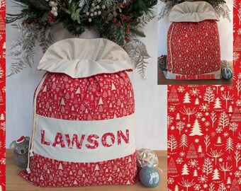 Red Scandi Christmas Trees - Personalised Large Handmade Santa Sack with Frill, Two Different Styles, Many Prints Available
