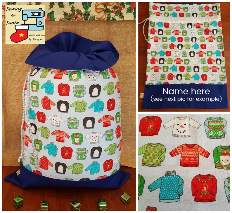 Personalised Large Boys Handmade Santa Sack with Frill Christmas Sweaters with Royal Blue FrillBase Designer Print BodyName