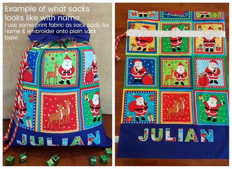 Personalised Large Boys Handmade Santa Sack with Frill Christmas Sweaters with Royal Blue FrillBase Designer Print BodyName