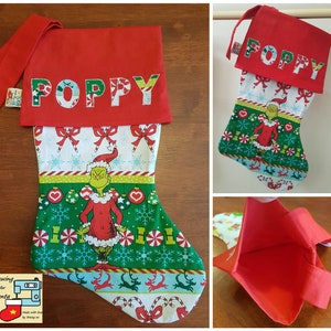 Happy Grinchmas - Personalised Lined Christmas Stocking with Cuff, Designer Cotton Print Body & Name
