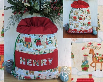 Holly Jolly Christmas Santa Sack - Saco de Santa hecho a mano grande personalizado con volante, dos estilos diferentes, muchas impresiones disponibles