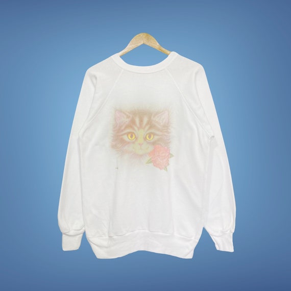Vintage Raglan Kitty Cat Sweatshirt Pullover Jump… - image 1