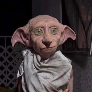 May include: A close-up of a pink-skinned elf with large pointed ears, wearing a white robe. The elf has green eyes and a serious expression.