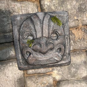 May include: A gray stone sculpture of a face with a textured surface. The sculpture has a large nose and small eyes. There is green moss growing on the sculpture.