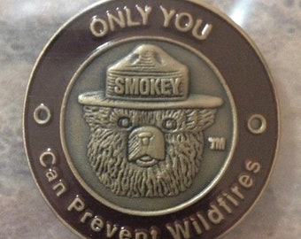 May include: A round, bronze-colored metal pin with a brown border. The pin features a cartoon image of Smokey Bear wearing a ranger hat with the word "SMOKEY" on it. The text "ONLY YOU CAN PREVENT WILDFIRES" is written around the border.