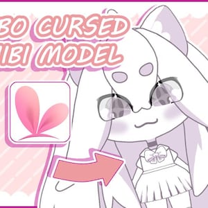 May include: A digital illustration of a cute, white, chibi character with pink cheeks and large eyes. The character is wearing a white dress with a pink bow and has long, white hair. The image is set against a pink and white striped background. The text "KABO CURSED CHIBI MODEL" is at the top of the image.