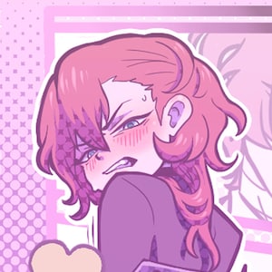 Può includere: Un'illustrazione digitale di un personaggio con capelli rosa e viso arrossato, che indossa un indumento viola. Il personaggio ha un'espressione frustrata con sopracciglia aggrottate e denti scoperti. Lo sfondo presenta un motivo a pois rosa chiaro.
