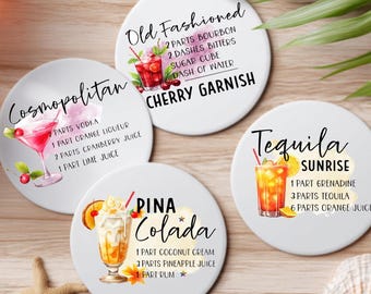 Cocktail Recipe Coasters Set, Mixology Gift, Home Bar Accessories, Set of 4 or 6