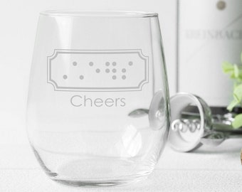 Braille stemless wine glass; Cheers; tactile braille; visually impaired drinking glasses; artwork for blind