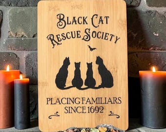 Halloween Sign - Black Cat Rescue Society; Bamboo Engraved Sign