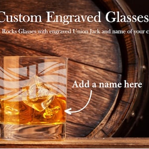 Personalized Union Jack Rocks Glasses; British Flag Engraved Glasses