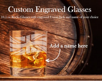 Personalized Union Jack Rocks Glasses; British Flag Engraved Glasses
