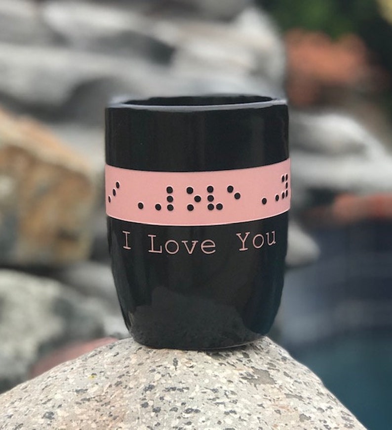 Mug with "I Love You" in braille and print