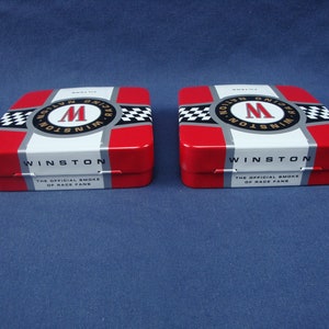 Lot of (2) Vintage 90&#39;s, Winston Filters Cigarette Tins. Hood Shaped, Metal, Racing Tins. New / Old Stock. RJRTC