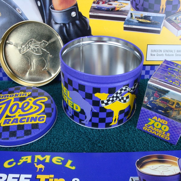 Vintage 1994 JOE CAMEL Matchbox Tin with 10 NASCAR illustrated boxes of Matches, and a Brass Plated, Metal Ashtray. New / Old Stock. No Box