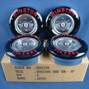 Lot of 4 Winston Cigarette Tins. Vintage 90&#39;s. New in Box / Old Stock. Winston Filters, Tire Shaped, Metal, Racing Tins. RJRTC